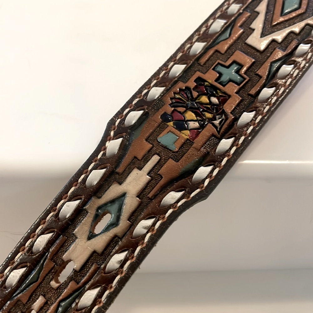 Vintage Tony Lama Rare Men's Western Belt Intricate Tooled Pattern Buckle - Picture 11 of 16